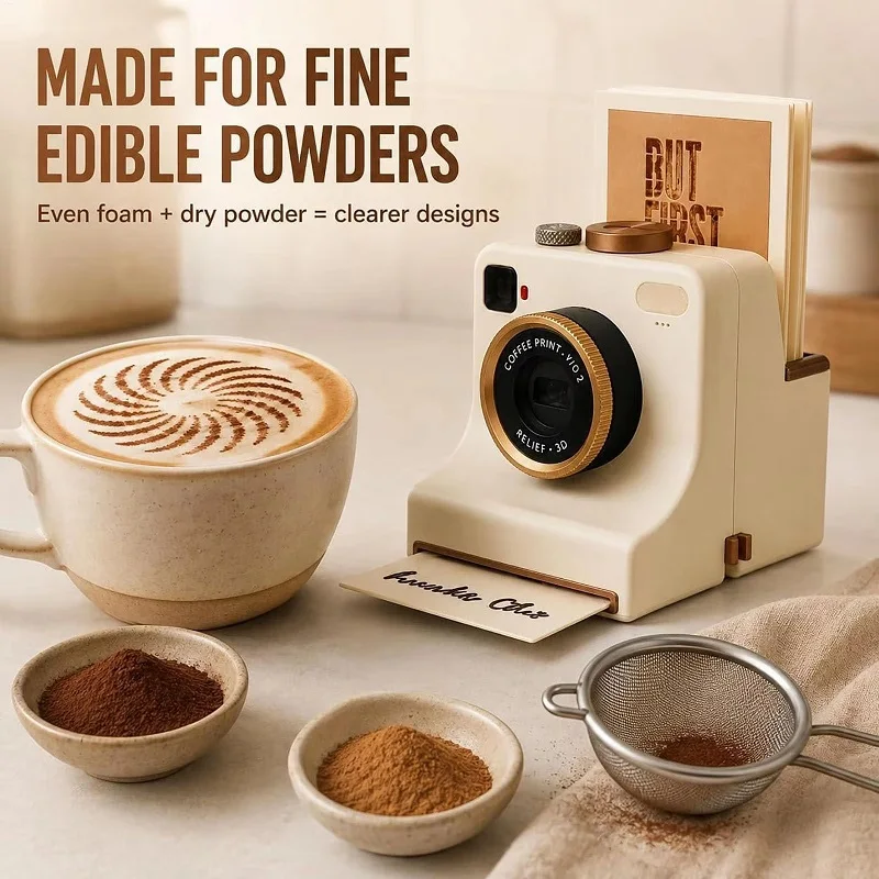 @3D Printed Funny Coffee Latte Camera Replaceable Cards One Touch Press DIY Latte Art Camera Tool Vintage Look Included Stencils
