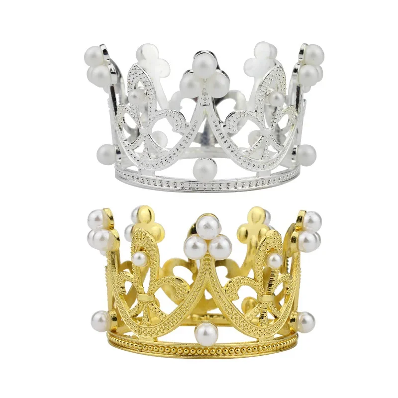 

2pcs/set Gold Silver Princess Alloy Crown with Pearls for Baby Girls Headband Hair Tiaras Accessories Cake Topper Bake Decor