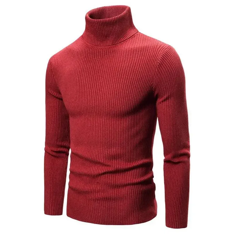 European and American Men's Fashionable and Warm High-neck Slim-fit Pure Color Vertical Striped Knitted Sweater for Winter.