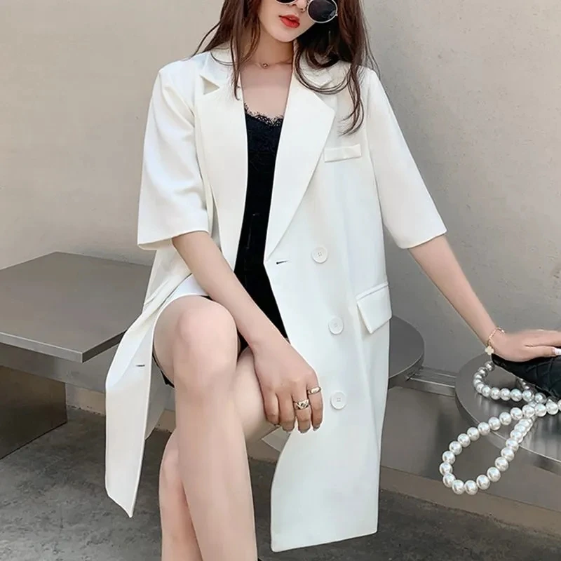 Korean Women Leisure Short Sleeved Suit Coat Summer Female Fashion Blazer Jacket Ladies Solid Color Mid Length Version Outerwear