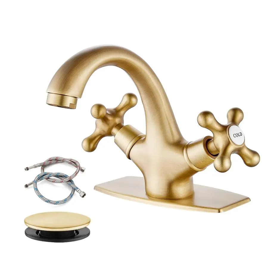 

Смеситель для раковины в ванную комнату, однорычажный, с двумя перекрестными ручками, для умывальника-чашки, с выдвижным сливом