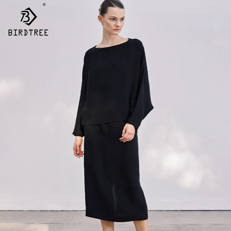 

BirdTree-2024 Woman New In Matching Sets, 32MM 100%Mulberry Silk, Long Sleeve Shirts, OL Elegant Skirts, Autumn New S49926QM