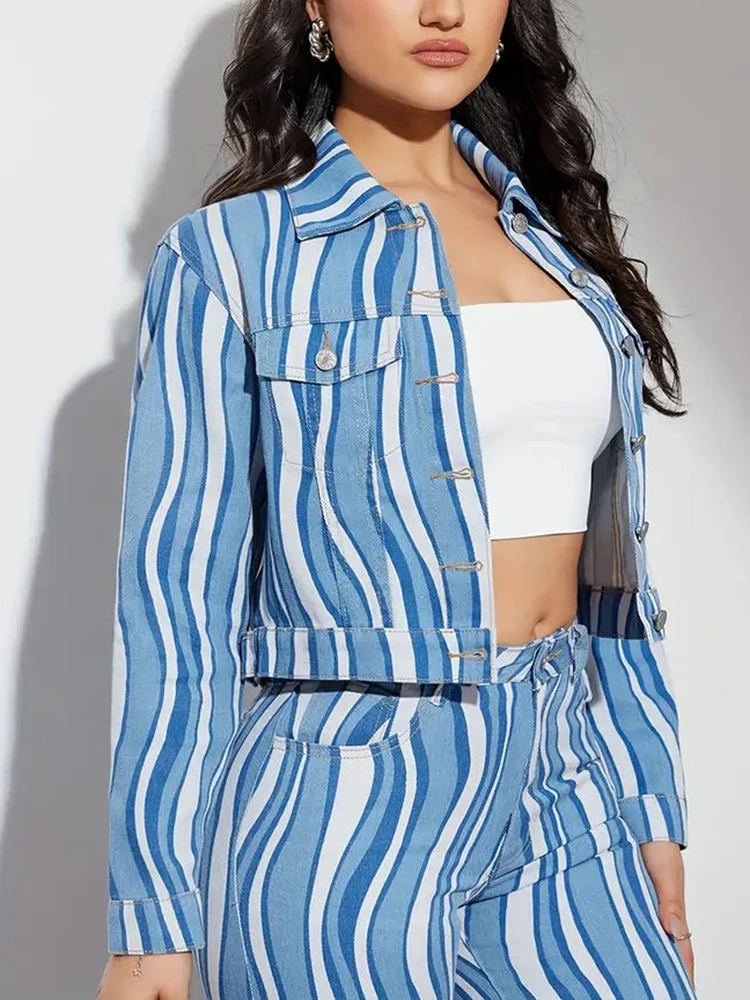 TWOTWINSTYLE Hit Color Striped Two Piece Set For Women Lapel Long Sleeve Jacket High Waist Wide Leg Pant Casual Sets Female New