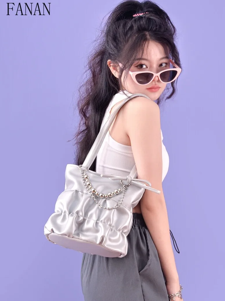 Japanese Niche Silver Handbag Fashion Women's Handbags Summer New Arrival Bowknot Underarm Bag Y2k Sweet  Cool Bucket Bag