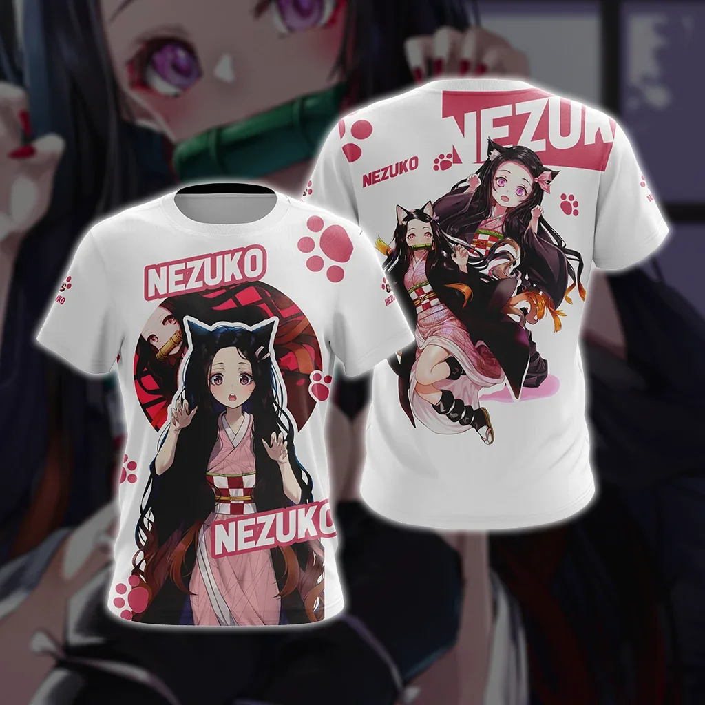 Demon Slayer Nezuko Anime T-shirt Men Women 3D All Over Print Cute Cat Girl Graphic Short Sleeve Tee Cosplay Anime Tee