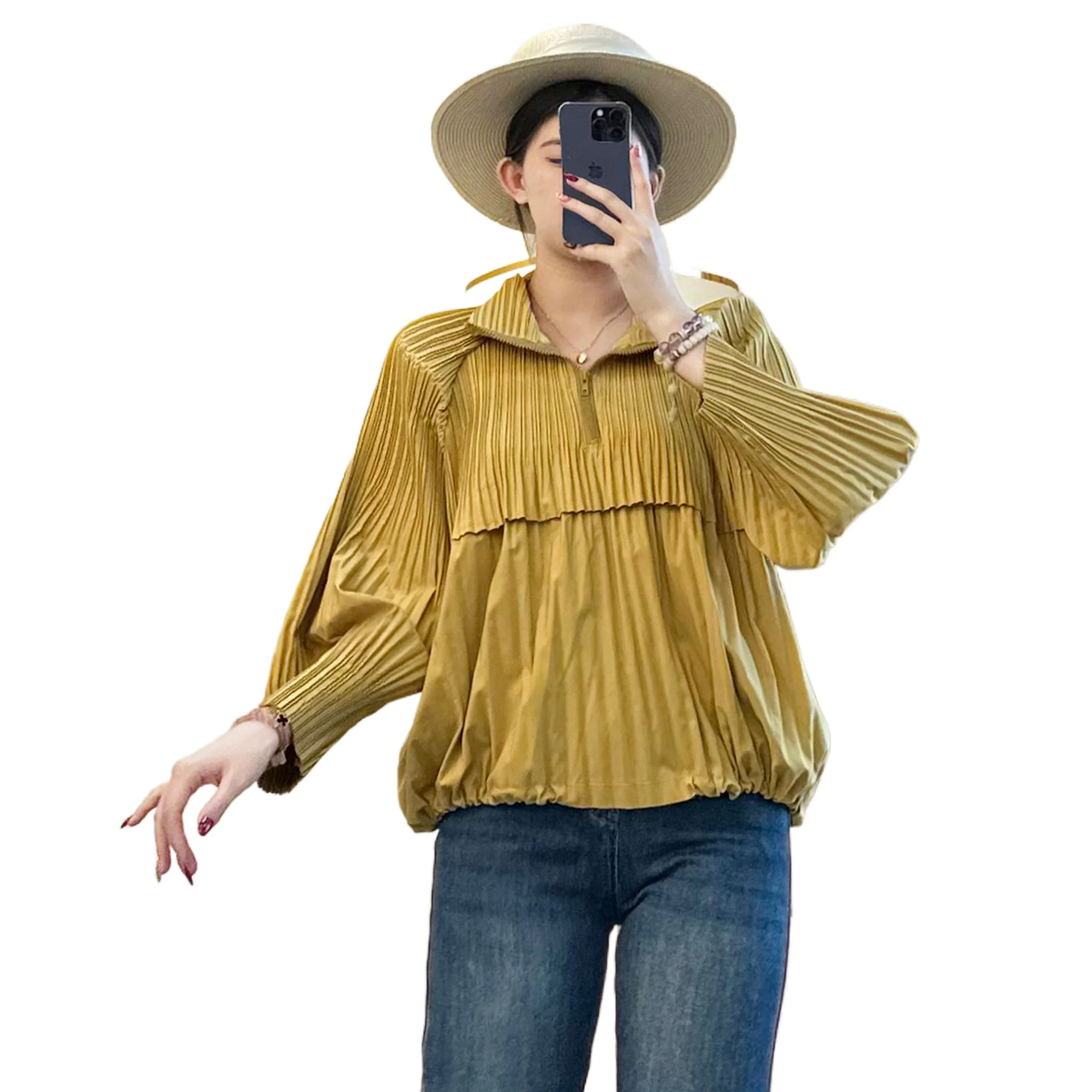 Miyake volants automne nouveau Style de sport haut de transport polyvalent veste pour femme veste courte à manches longues pull à fermeture éclair