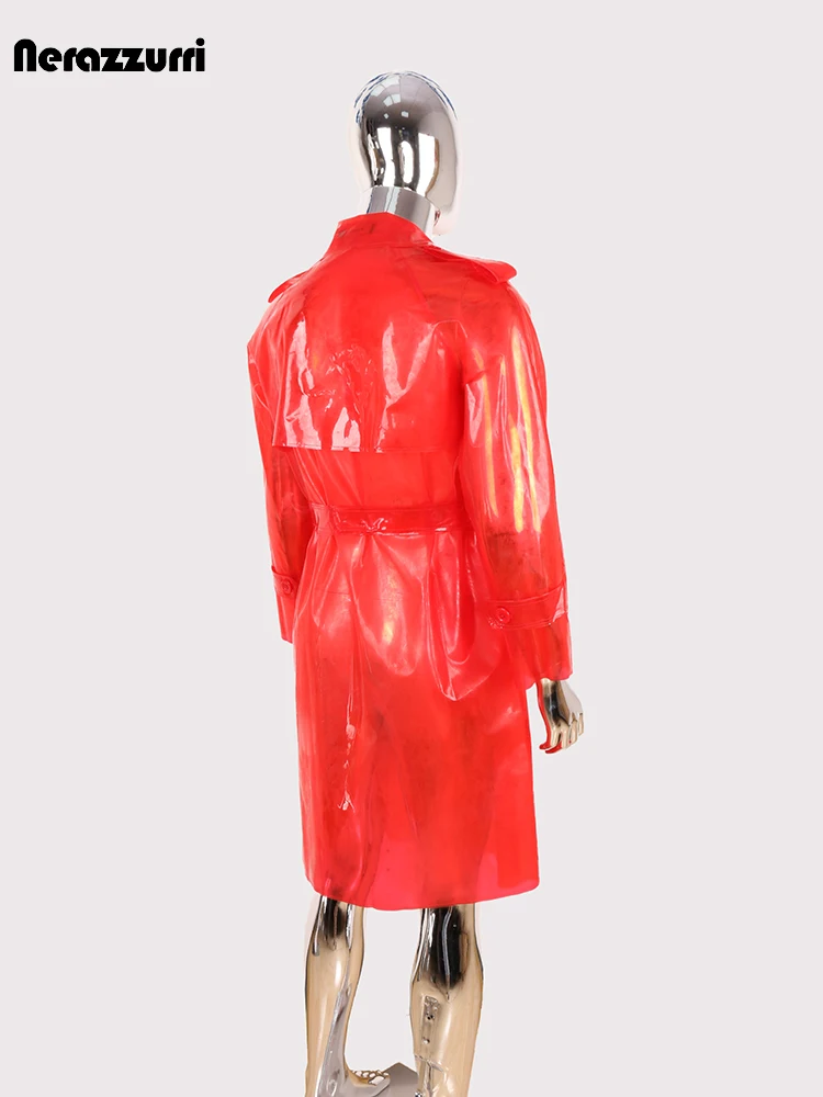 

Nerazzurri Autumn Long Transparent Red Pu Leather Trench Coat Men Double Breasted Luxury Designer Emo Clothes European Fashion