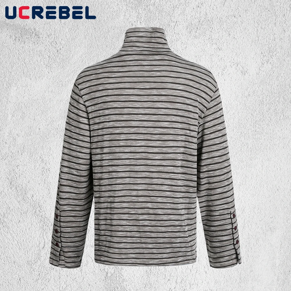 Striped Stand Collar T-shirt Mens Button Decoration Spring Retro High Street Split-Hem Loose Knitted Long Sleeve Tshirt Man Tee