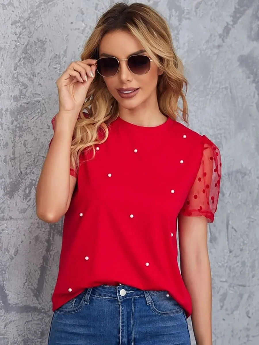 Women's Tee Round Neck Short Sleeve Polka Dot Mesh Pearl Beaded Relaxed Tops Sweet Tee Spring Summer Chic Tee Daily Light Tops