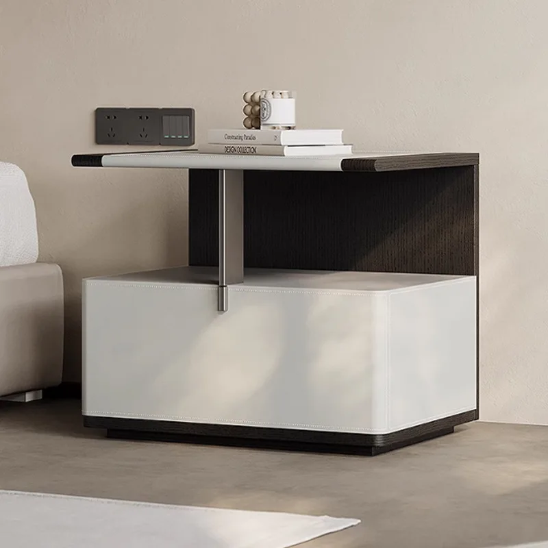 

Italian minimalist saddle leather bedside table high-end designer bedroom small apartment bedside table creative storage hollow