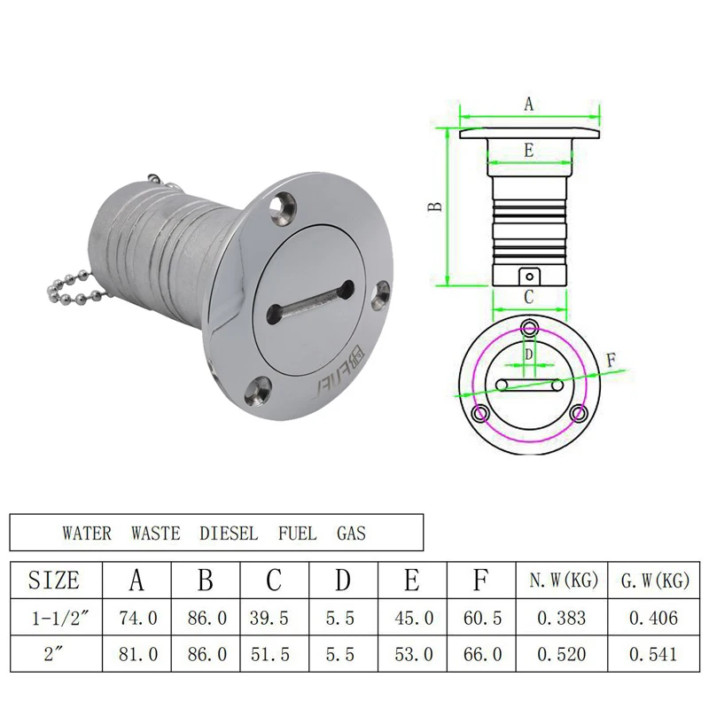 1PC 316 Stainless Steel Deck Filler Cap With Key GAS DIESEL FUEL WASTE WATER 38mm 50mm Mirror Polish Marine Hardware Deck Filler