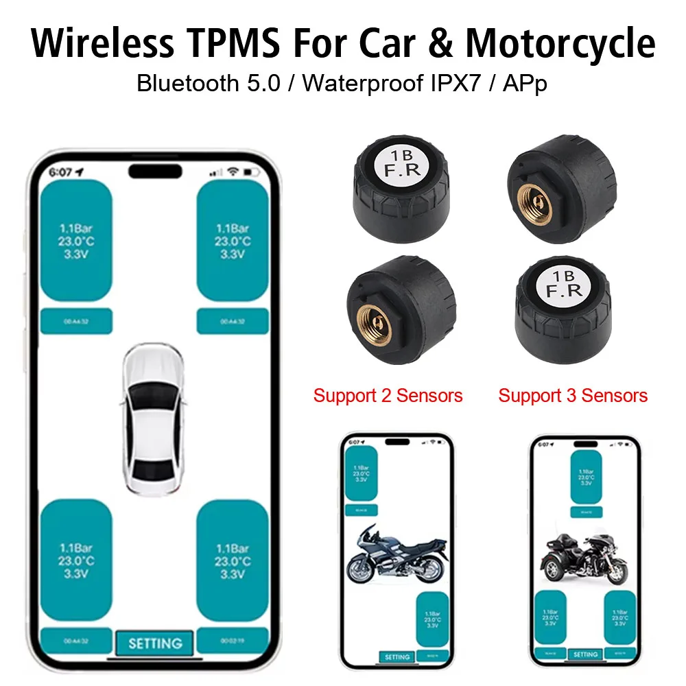 Phone Display Bluetooth APP Car Motorcycle Car TPMS Tire Pressure Monitoring System 2/4PCS External Alarm Tire Pressure Sensors