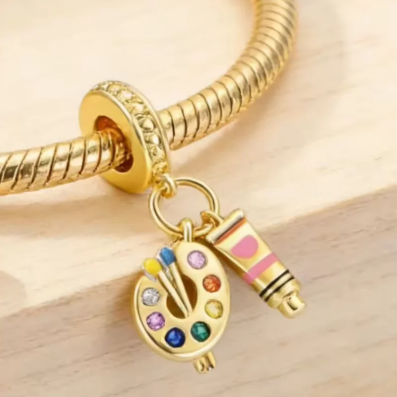 925 Sterling Silver Golden Oil Painting Tool Charms Pendant For Women Fit Original Bracelet DIY Birthday Party Jewelry Gifts