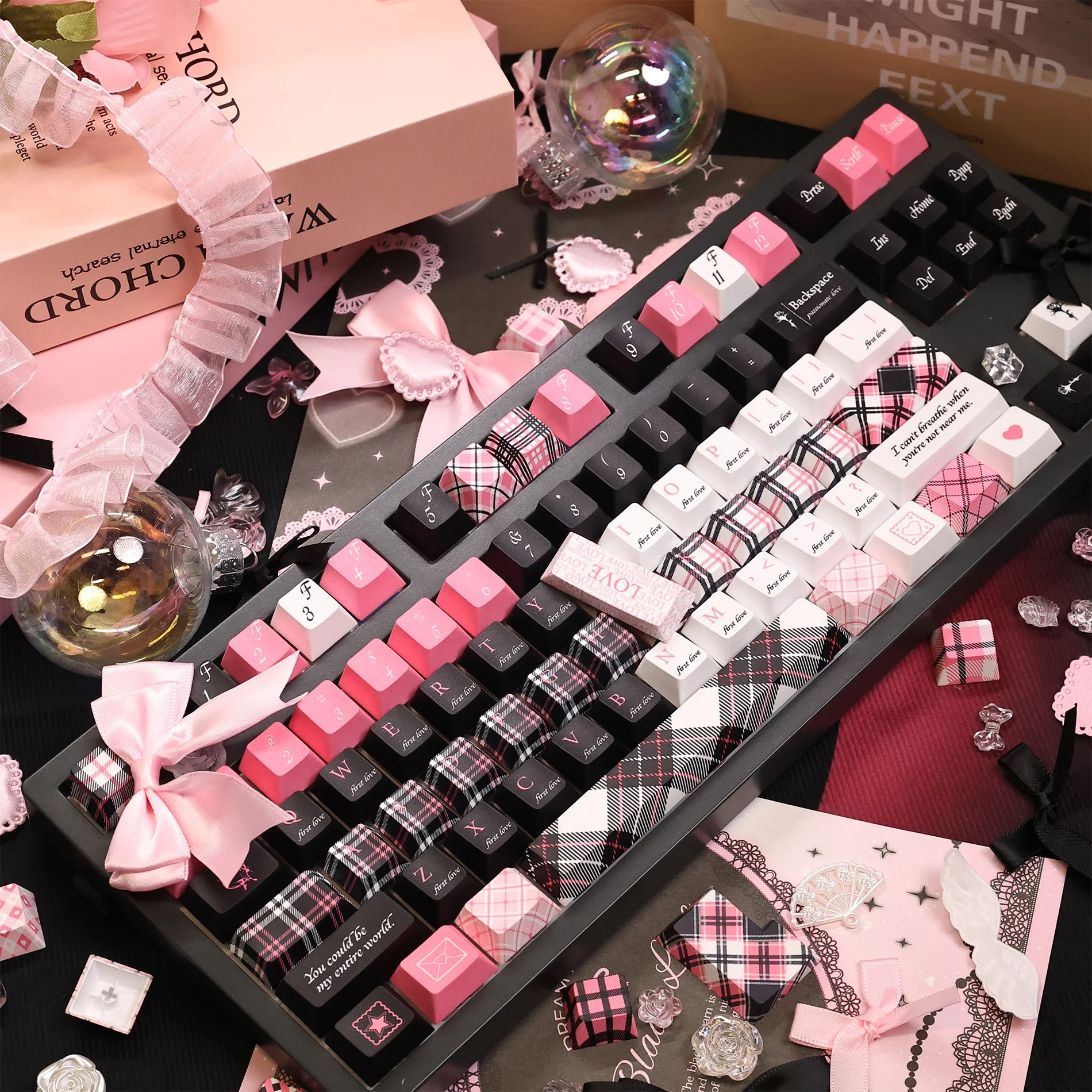 First Love Keycap 127 Keys Cherry Profile PBT Five-Sided Thermal Sublimation Pink Black Checkerboard Mechanical Keyboard Keycaps