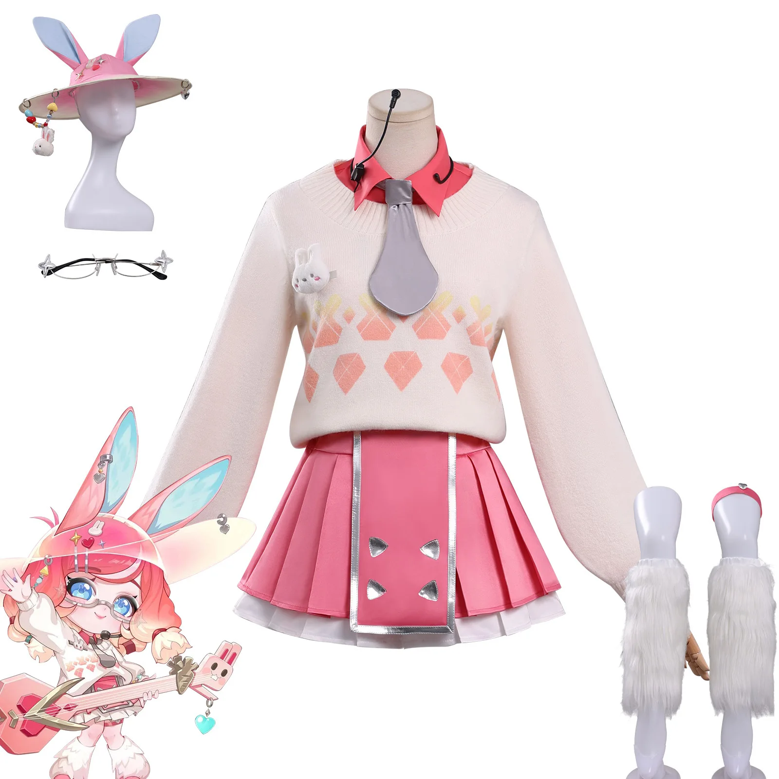 Costume complet Teamfight Tactics Ionic Spark Little Aurora avec spatule dorée, chapeau de lapin, queue et lunettes - Collection Little Legend