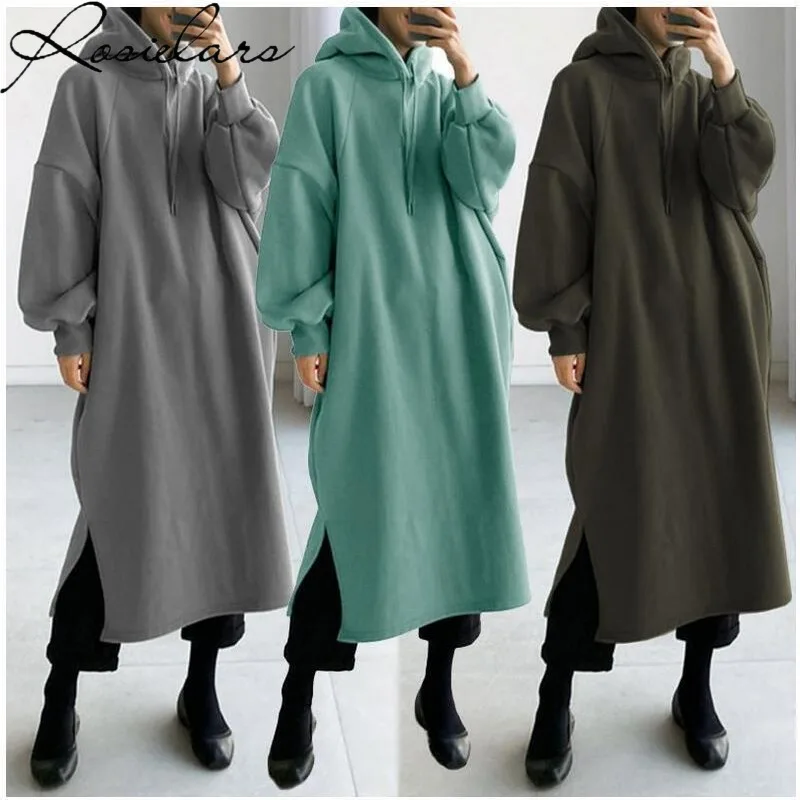 

2024 New Muslims Autumn Winter Long Sleeve Pullover Hoodie Slit Long Dresses Muslim Dress Streetwear Tracksuit Plus Size 4XL 5XL