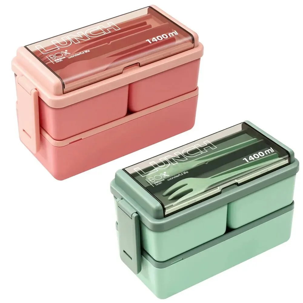 1Pc Double Layer Portable Lunch Box For Kids With Fork and Spoon Microwave Bento Boxes Dinnerware Set Food Storage Container