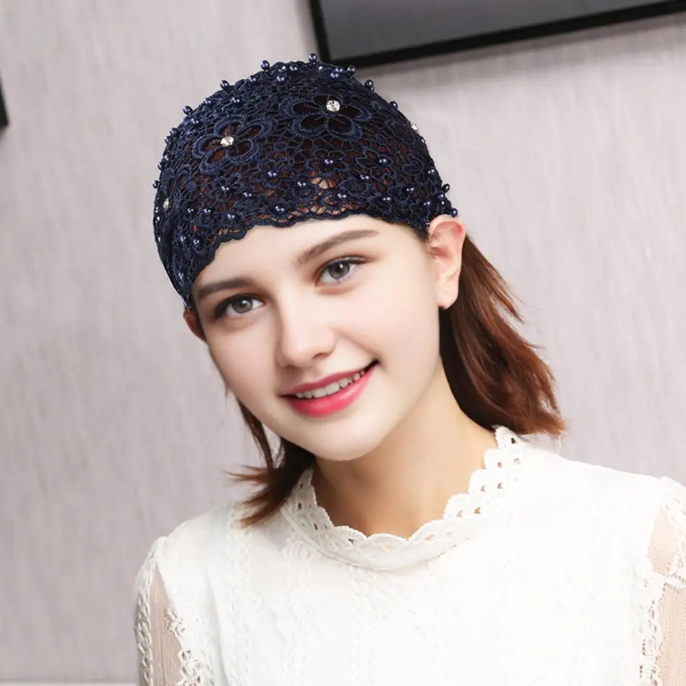 

Lace Hairband Wide Lace Headband Elegant Faux Pearl Embellished Lace Headband for Women High Elastic Wide Hair Band for Weddings