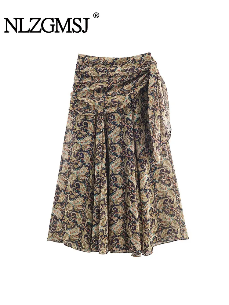 

NLZGMSJ Осенние длинные юбки с принтом для женщин, юбка-миди с высокой талией, женская юбка с украшением в виде банта, винтажная женская юбка