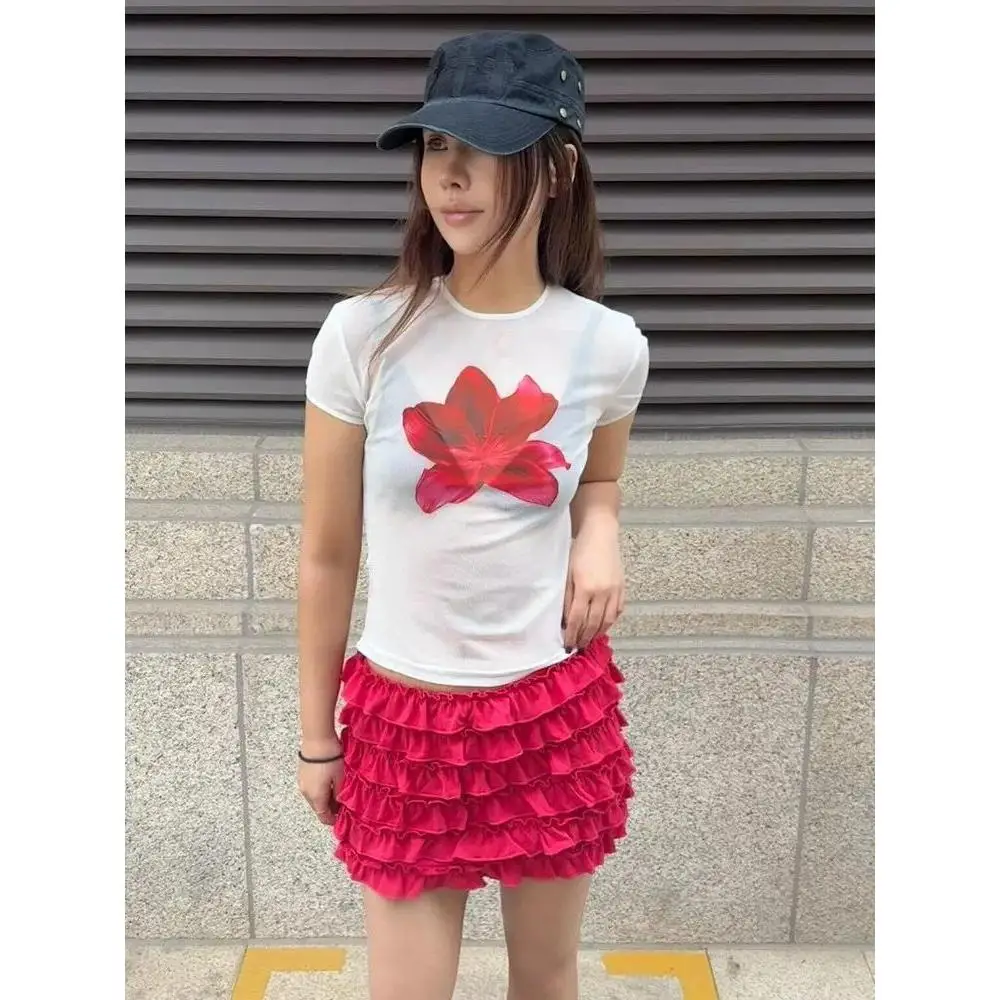 Comfortable Short Sleeve T-Shirt Women's Fashion Slim Fit Short Shoulder Printed Cotton Top Korean Style Commute Wind Summer