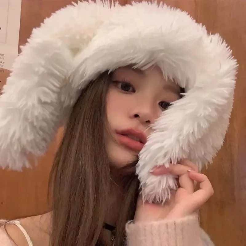 Cute Rabbit Women Plush Beanie Sweet Girl Ear Protection Hat Winter Thicken Warm Headgear Bonnet Korean Lamb Fleece Pullover Cap