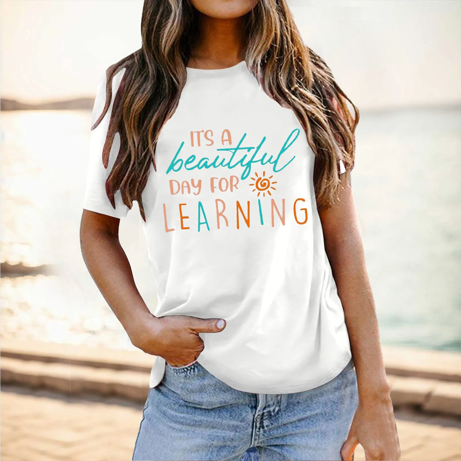 It's A Beautiful Day For Learning Print Women T-Shirt Summer Fashion Teacher Tops Tee Girl Harajuku Clothes Short Sleeve T Shirt