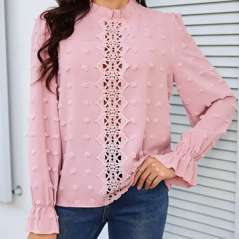 

Lantern Sleeve Women's Shirt Long Sleeved Velvet Ball Lace Edge Splicing Perspective Autumn Top Pink Half High Neck 2024 Blouse
