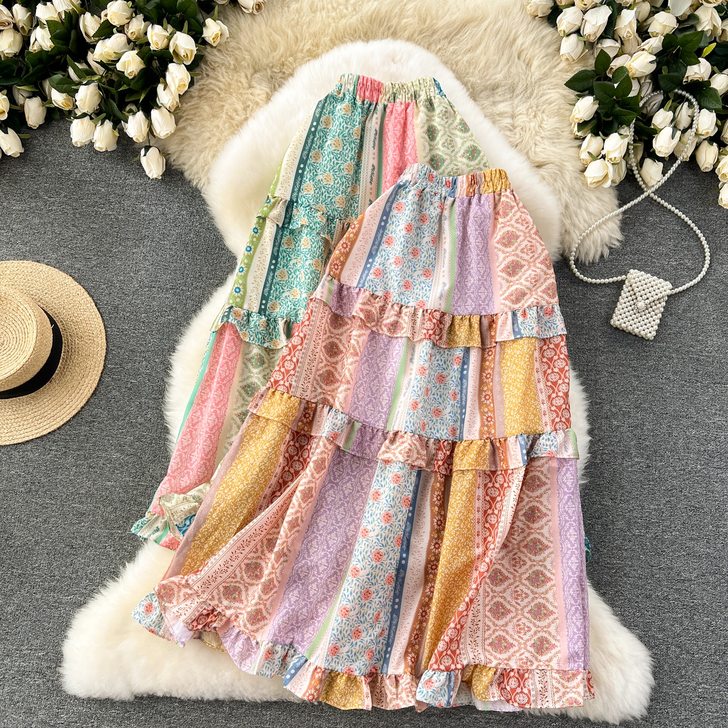 

Tourism and Vacation Style Retro Print Color Block Skirt Women's Spring/Summer New Ruffle Edge Design Loose Casual Skirts