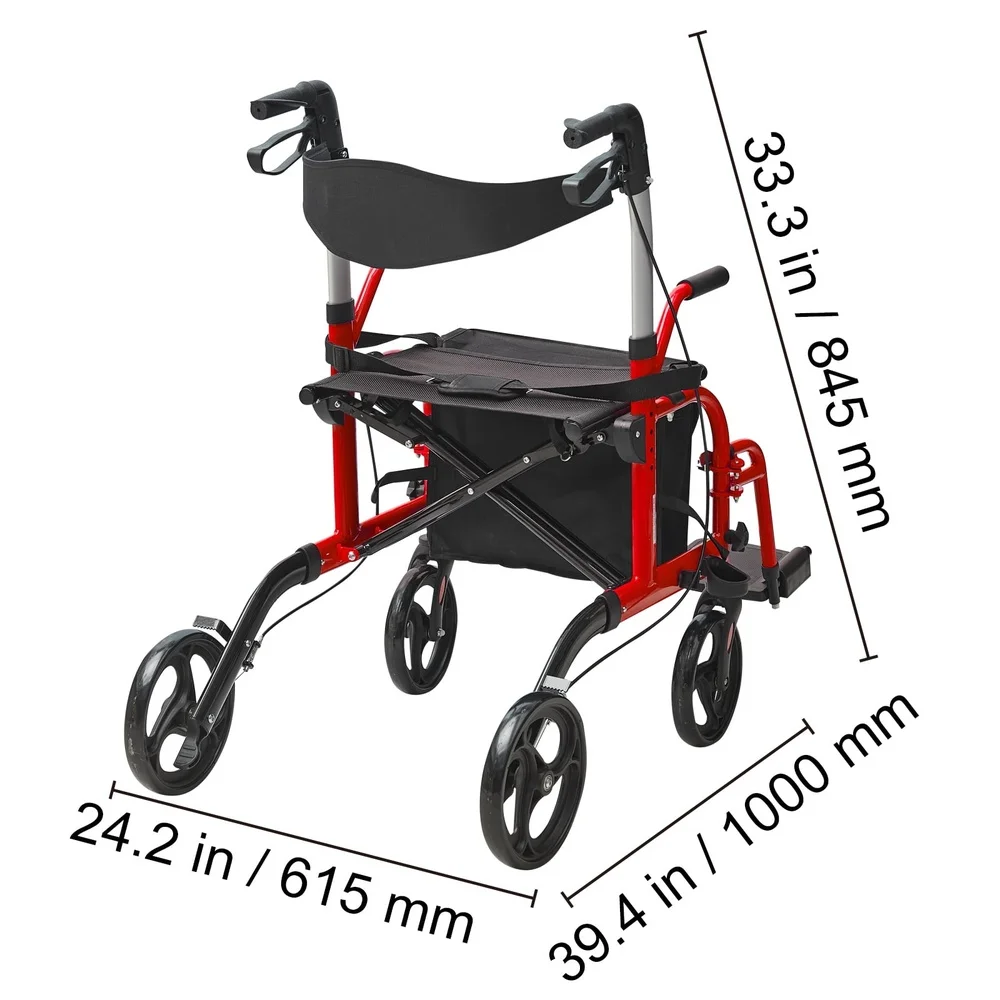 Chaise de Transport Walker à double fonction, cadre en aluminium, fauteuil roulant pliant avec poignée réglable, roues tout Terrain, convivial