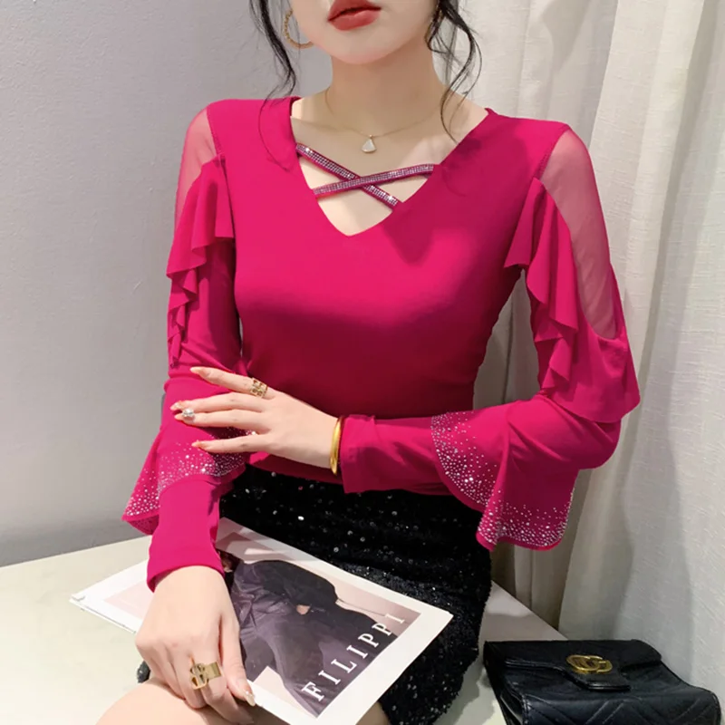 

New 2024 Spring V-Neck Long Sleeved T-Shirts For Women's Clothes Fashion Casual Hot Drilling Ruffles Mesh Tops