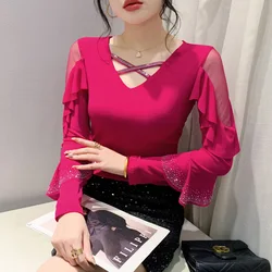 Spring Autumn 2026  V-Neck Long Sleeved T-Shirts For Women Fashion Casual Hot Drilling Ruffles Mesh Tops 3XL Lace Shirt