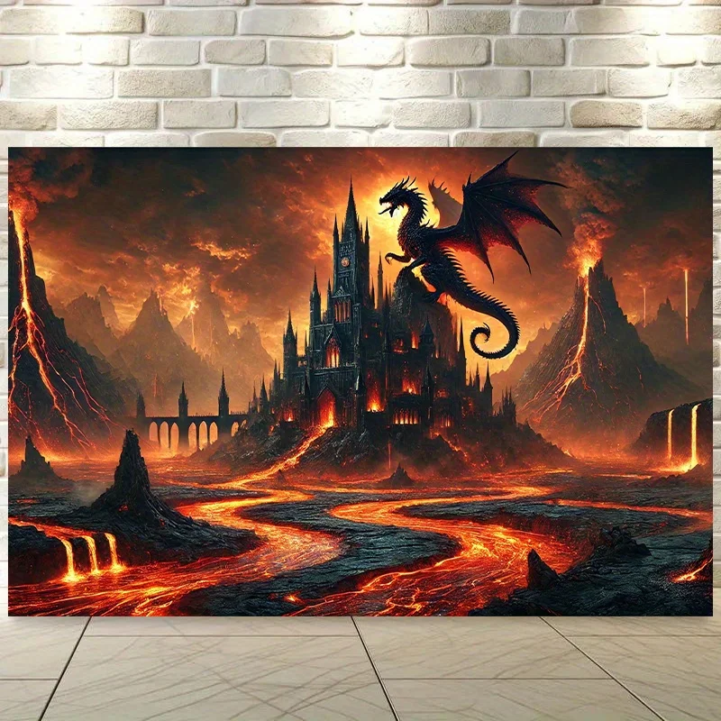 Fond gothique fantaisie dragon et château brûlant - Paysage volcanique foncé, décoration murale