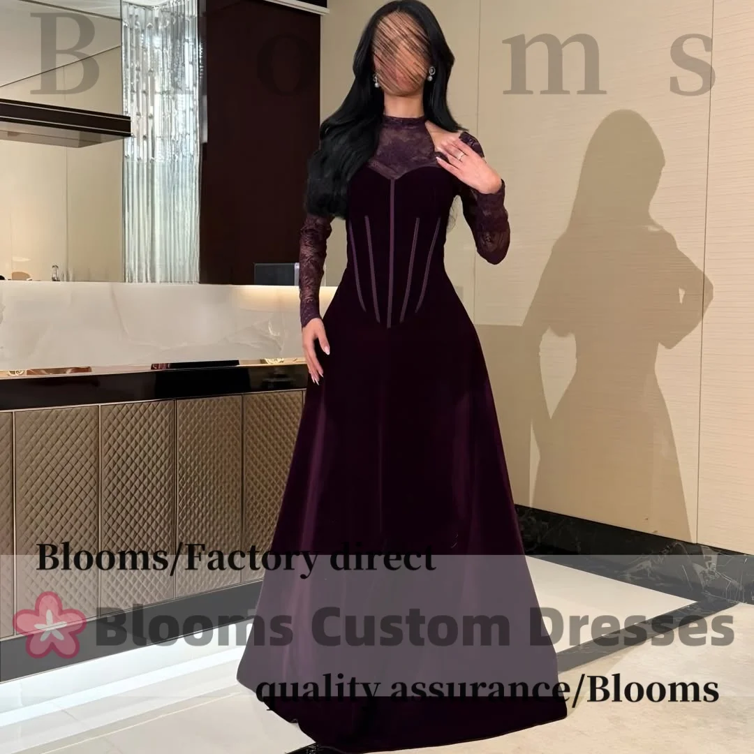 

Customized Purple Velvet Elegant Evening Dresses with Lace Long Sleeves Special Occasions A-Line Prom Dress Party Gown