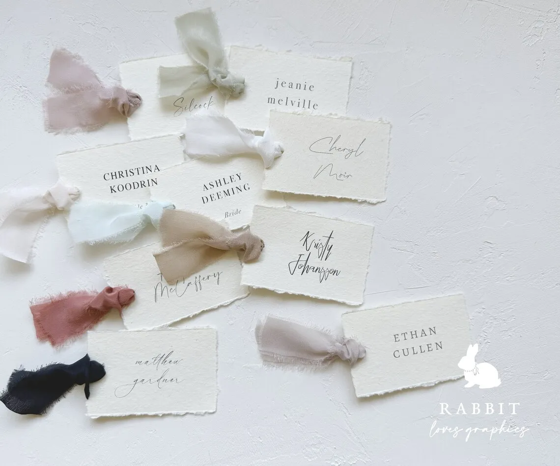 Wedding Place Card with Silk Ribbon | Hand Torn edge or Straight Edge [M20004]