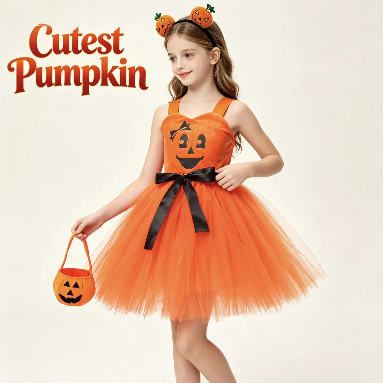 Cartoon Cute Funny Spooky Pumpkin Printed Mesh Tutu Dress Soft Comfortable Material Halloween Carnival Party Eye-catching Outfit