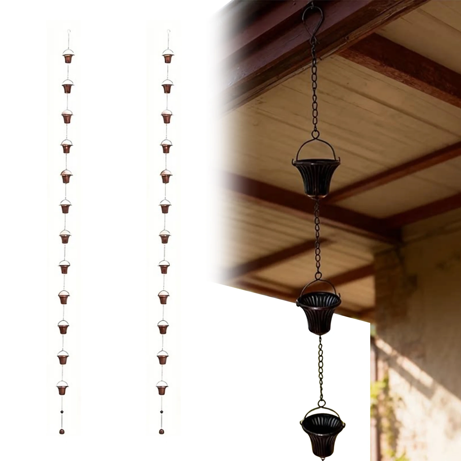 3.8M Lotus Drip Chains Adjustable Monarch Rain Gutter Chime Chain with Bell for Replacement Downspout Gutters Eaves Drainage