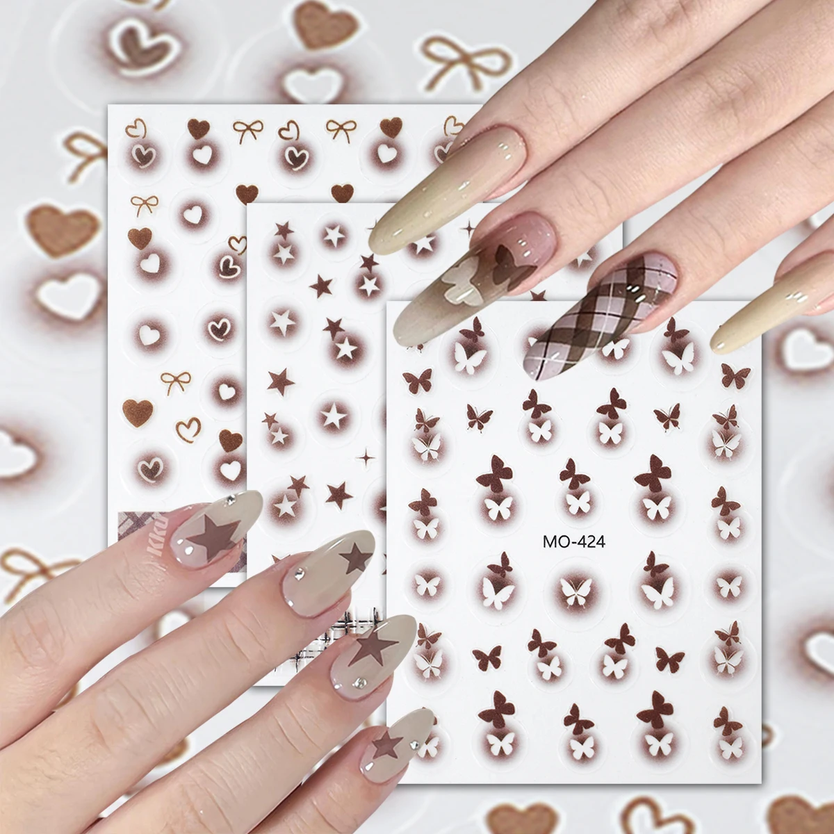 3/6/12 Blatt braunes Farbverlaufs-Herz-Stern-Schmetterlings-Nagelkunst-Aufkleber-Set, kaffeefarbene niedliche Abziehbilder für DIY-Gel-Acrylnägel