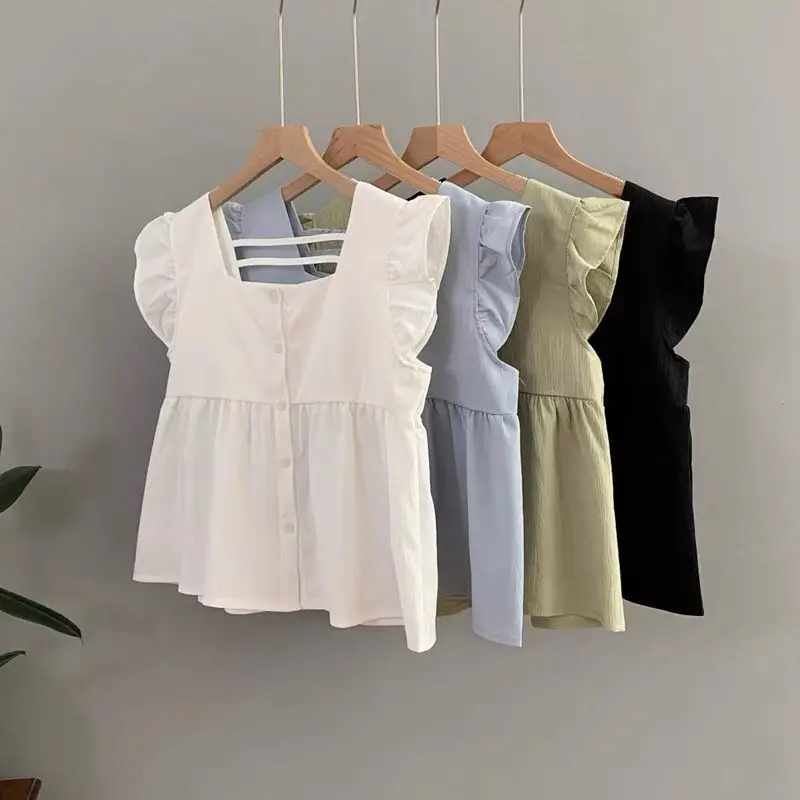 

Korean Sle Square Collar Fly Sve irt Women's Summer New Small Size Faionable Youthful Loose ort Top