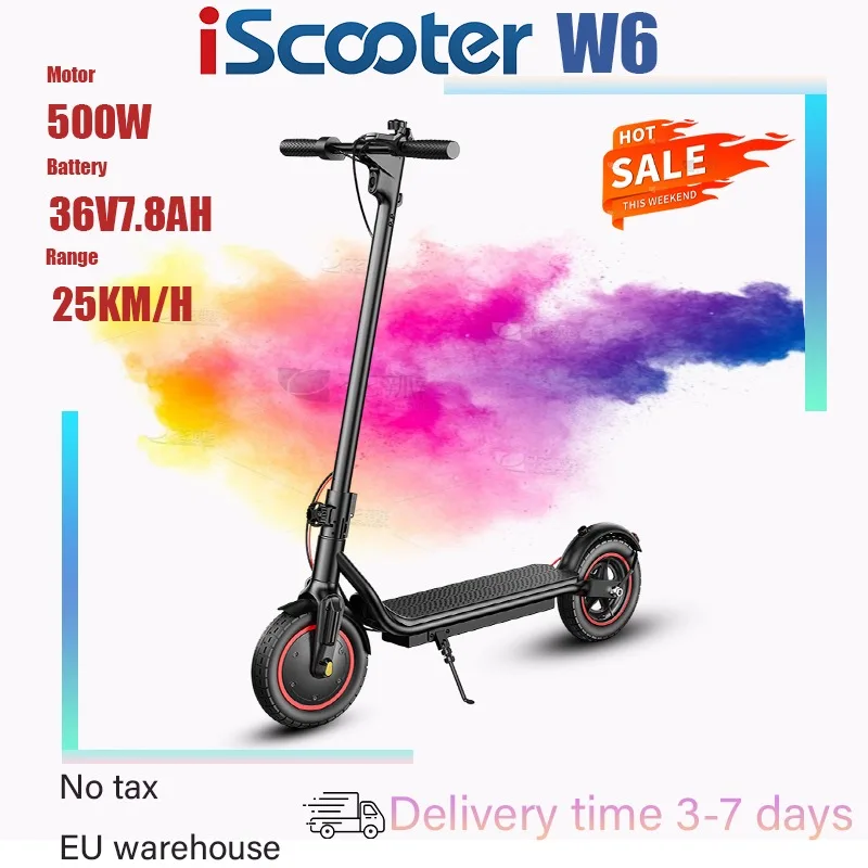 iScooterW6 Foldable Electric Scooter with 500W Motor, 36V/7.8Ah Battery, Smart Apps, 10-inch Off-Road Tires, Adult SportsScooter