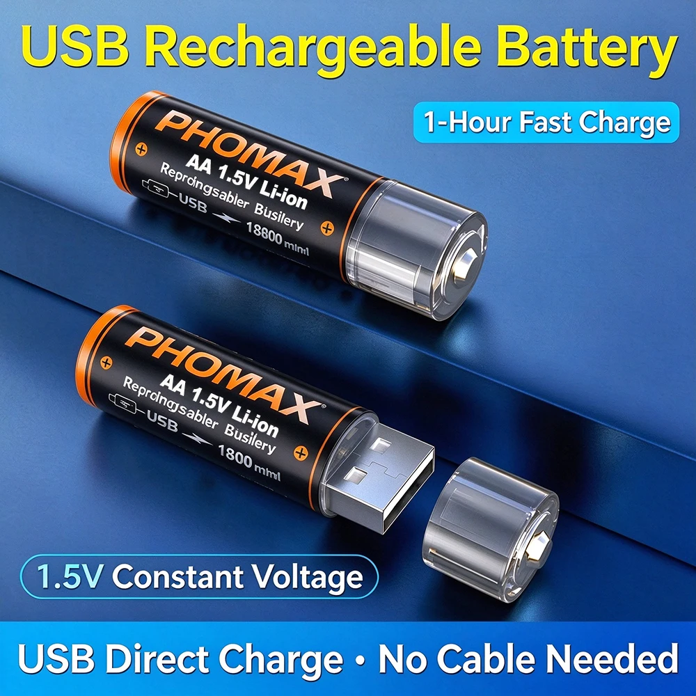 PHOMAX AA 1.5V USB Rechargeable Lithium Battery 1800mWh, Magnetic Cap Design, Up to 1500 Charge Cycles, No Extra Charger Needed