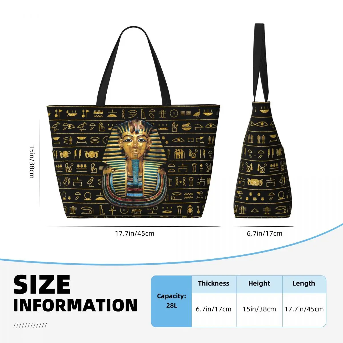 Custom Large Ancient Gold Pharaoh Egypt King Tut Tote Bag for Women Egyptian Hieroglyphs Shopper Shoulder Gym Beach Travel Bag