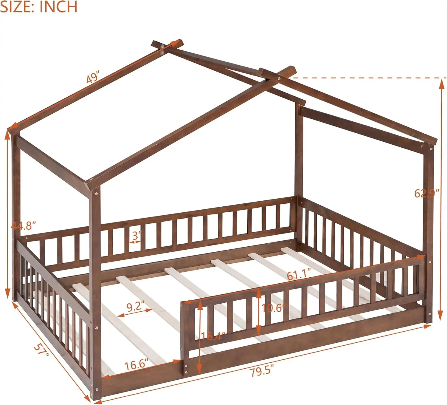 Full Size Montessori Floor Bed, Wood House Bed Frame, House Floor Bed for Kids, Montessori Floor Bed with Fence, Playhouse for K