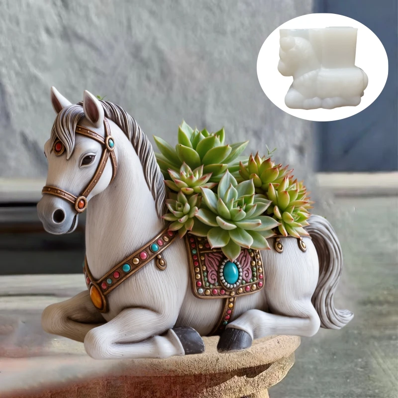 Squatting horse shaped succulent plant flowerpot resin silicone mold, crouching horse shaped storage box candle cup gypsum molds