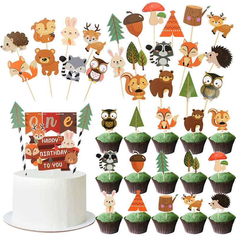 1/8/15-teiliges Waldtier-Kuchenaufsatz-Set, Waldthema, Happy Birthday Party Kuchendekoration, Babyparty-Dekorationen, Cupcake-Topper