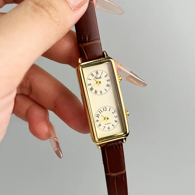 CQ549 New Leisure Creative Dual Movement Women's Watch Retro Rectangular Dual Time Zone Quartz Watch Light Luxury Clock Gift view 2
