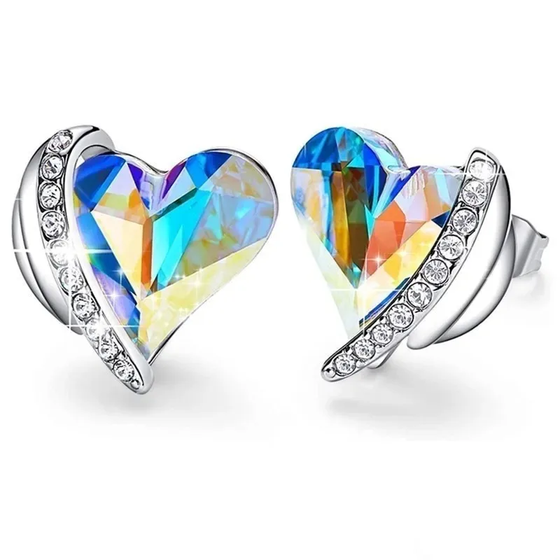 Rainbow Love Heart Stud Earrings Exquisite Austrian Crystals  Jewelry Mothers Day Birthday Gifts