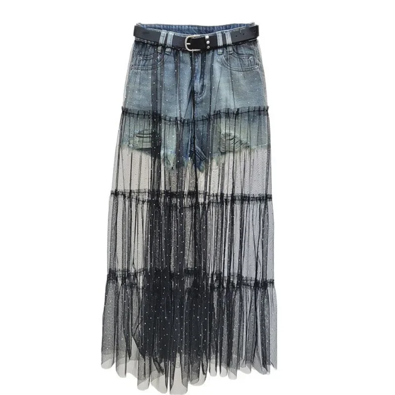 2025 Summer New Fashion Hot Diamond Mesh Skirt Splicing Denim Shorts For Women Versatile Mid Length Skirt Female 11A04633