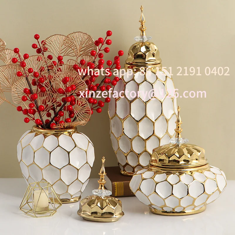 Customizable Vase Porcelain Ginger Jar Gold Check Irregular Handicraft Storage Tank Flower Vase Home Decoration