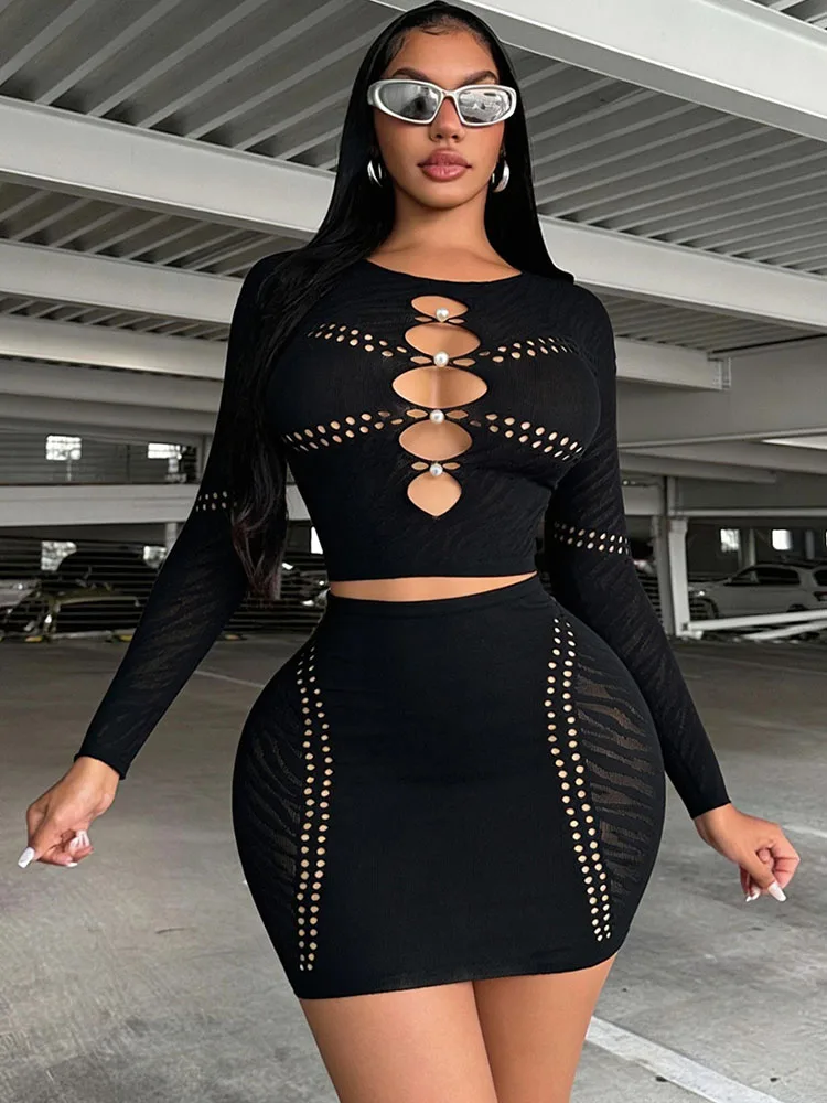 Sexy Hollow Out Concert Outfit for Woman Two Piece Set Party Club Night Out Long Sleeve Crop Top and Mini Skirt Matching Sets
