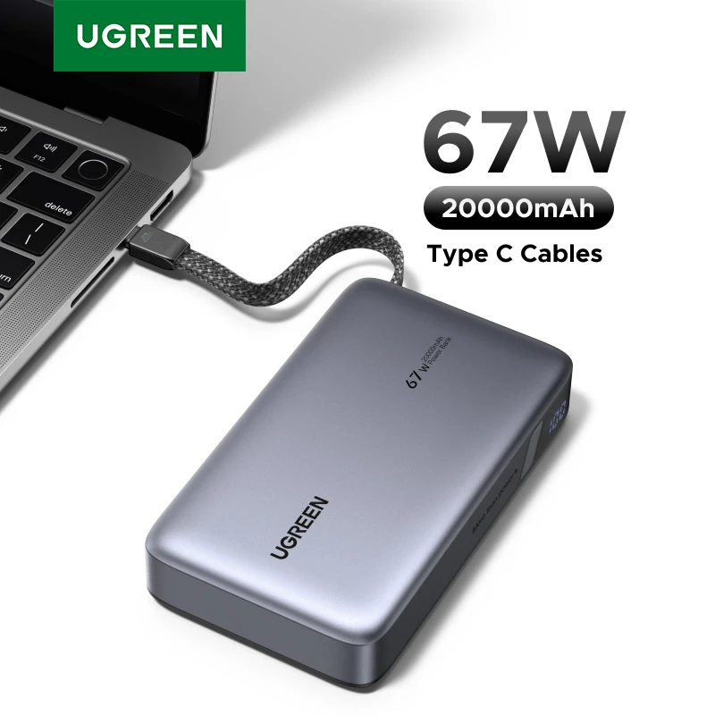 UGREEN 67W Power Bank 20000mah Built-in Type C Cable PD3.0 65W Portable Laptop Charger External Battery for Xiaomi 67W